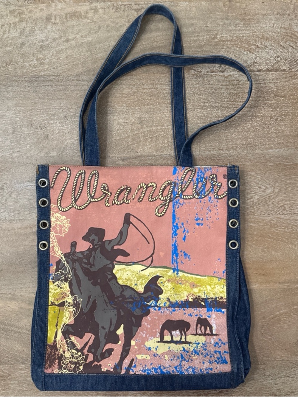 Wrangler Blue jean Western Denim Graphic Tote with magnetic closure